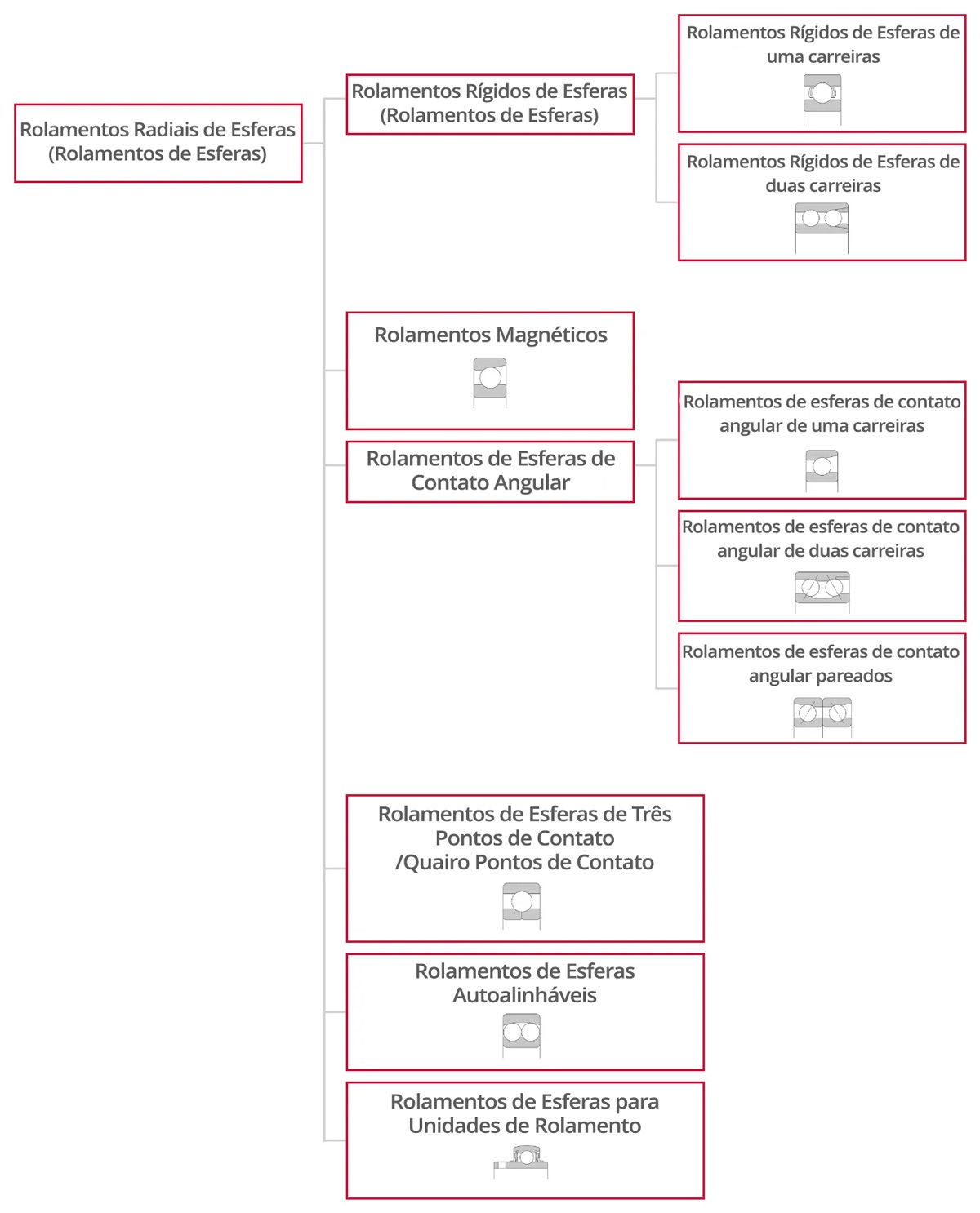 Gráfico hierárquico para rolamentos radiais de esferas dividido em categorias principais e subdivisões. Rolamentos Magento, de contato de três/quatro pontos, autocompensadores e rolamentos de esferas para unidades de rolamento não possuem subdivisões, enquanto os rolamentos rígidos de esferas são subdivididos em tipos de uma carreira e duas carreiras e os rolamentos de esferas de contato angular em tipos de uma carreira, duas carreiras e combinados.