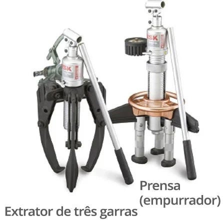 Extrator de três garras e dispositivos de pressão usados para montagem.