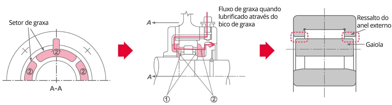 Diagrama do reservatório de graxa particionado (setor de graxa) e do fluxo de graxa para o rolamento quando lubrificado através do bico de graxa.