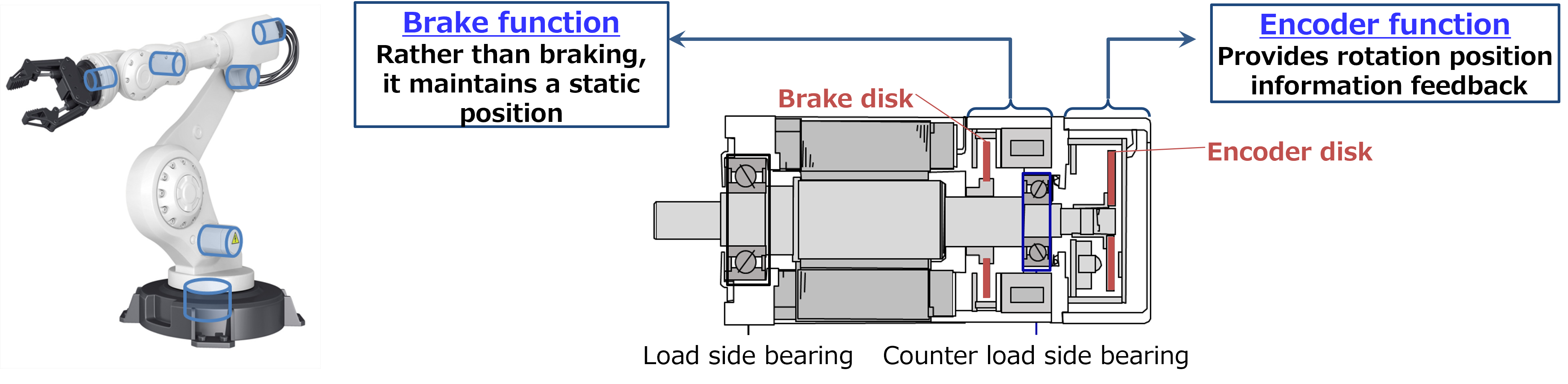 Example of Servomotor Placement on a Robot, and Bearing Positioning in a Servomotor Example of Servomotor Placement on a Robot, and Bearing Positioning in a Servomotor