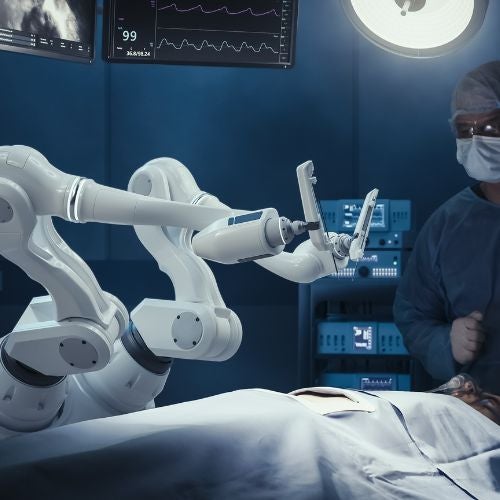 Medical, Robotic, Surgery, Surgery Patient Laying On Surgical Table. Robot Arms Performing High-Precision Nanosurgery In Hospital. Automated Robotic Limbs Operating, VFX Holographic Displays Showing Heartbeat, Blood Pressure.